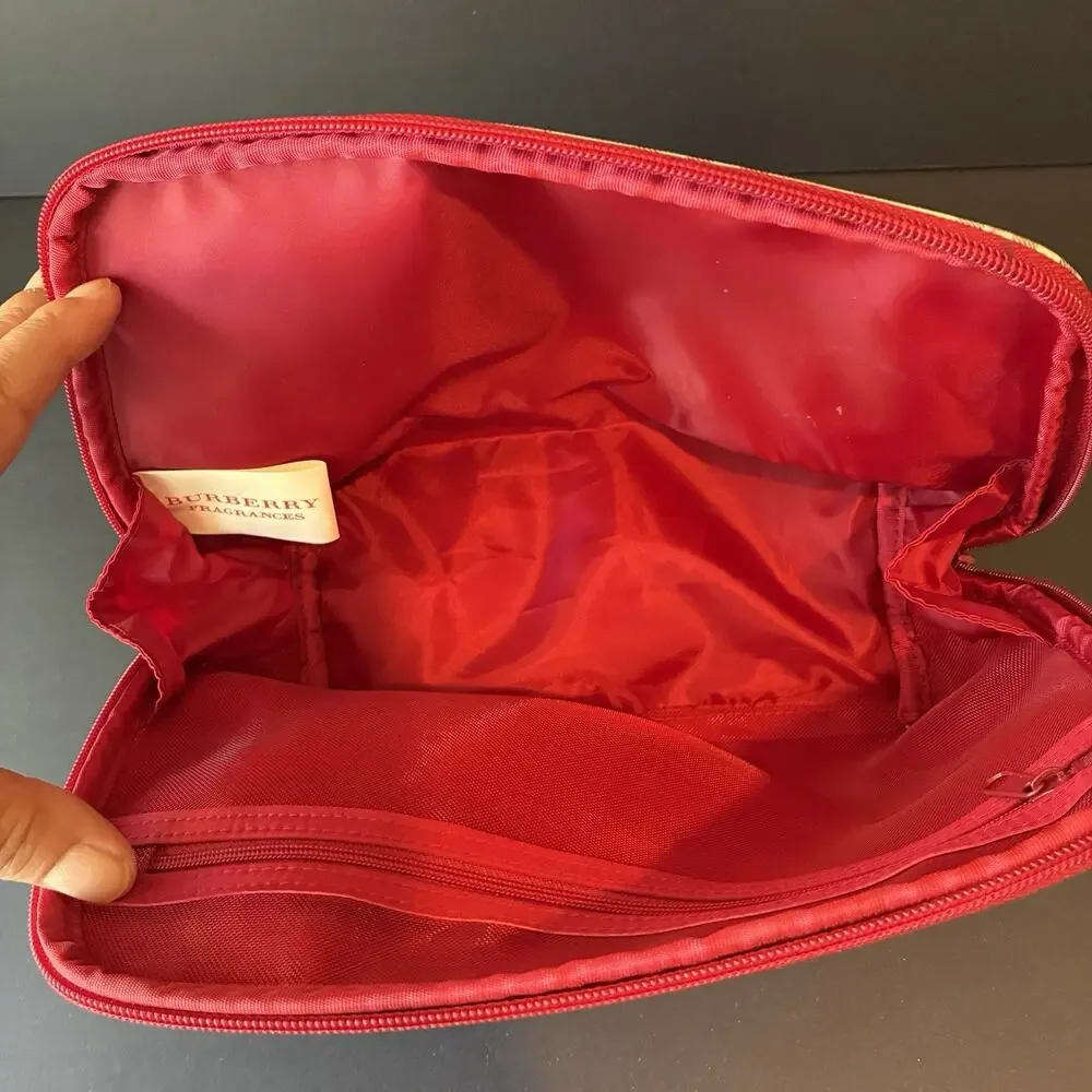 Burberry Fragrance Zip Plaid Detail Makeup/Cosmetic Bag Burgundy